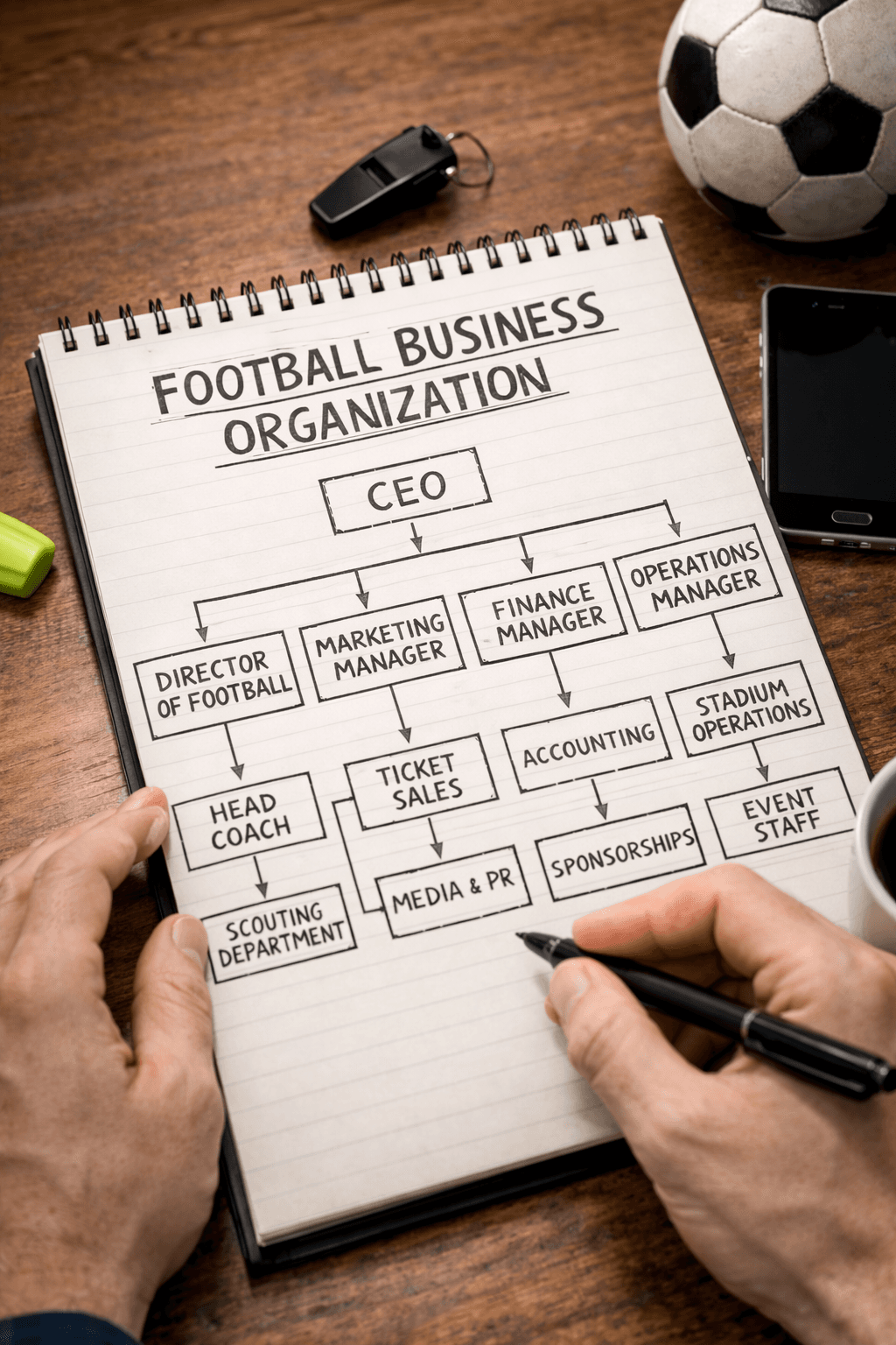 Notebook showing a football business organization chart